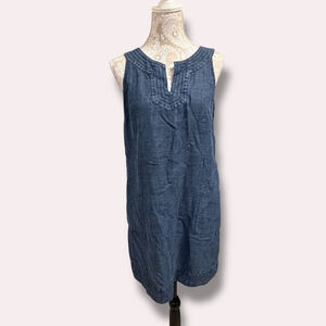 J.Jill Petite Small Chambray Tencel Linen Sleeveless Shift Dress Blue Pockets